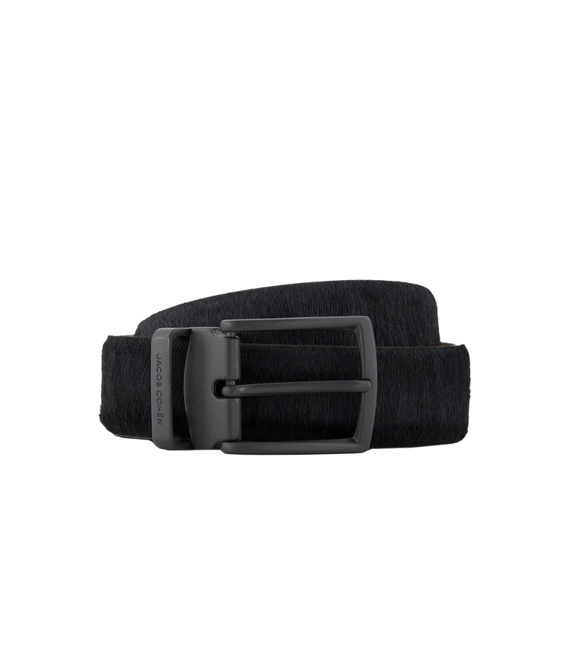 Jacob Cohën black calf-hair leather belt with a matte black buckle and subtle logo detailing on the interior, offering a sleek and sophisticated finish.