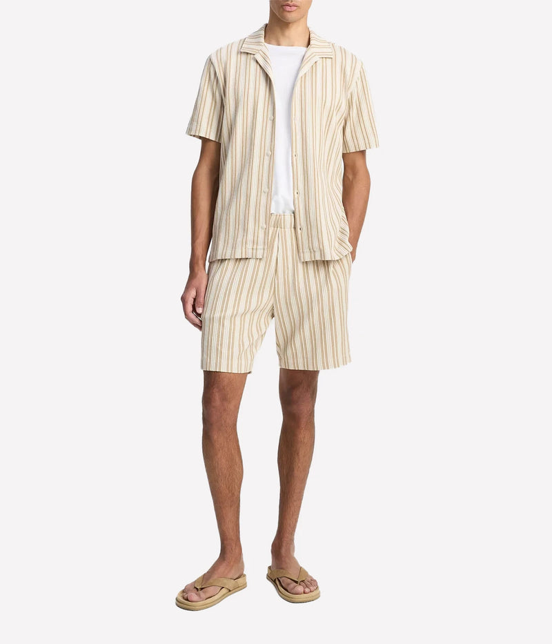 Vince jacquard-stripe cotton-blend pull-on shorts in a soft beige tone with elastic waistband, side pockets, and relaxed fit.