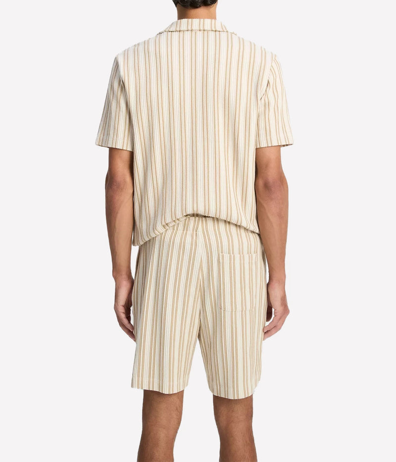 Vince jacquard-stripe cotton-blend pull-on shorts in a soft beige tone with elastic waistband, side pockets, and relaxed fit.