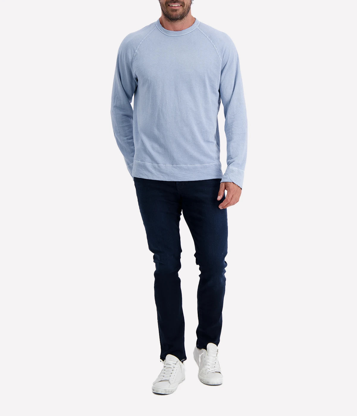 James Perse Vintage French Terry Sweatshirt in light blue, highlighting soft cotton fabric, relaxed fit, raglan sleeves, and classic crew neckline.