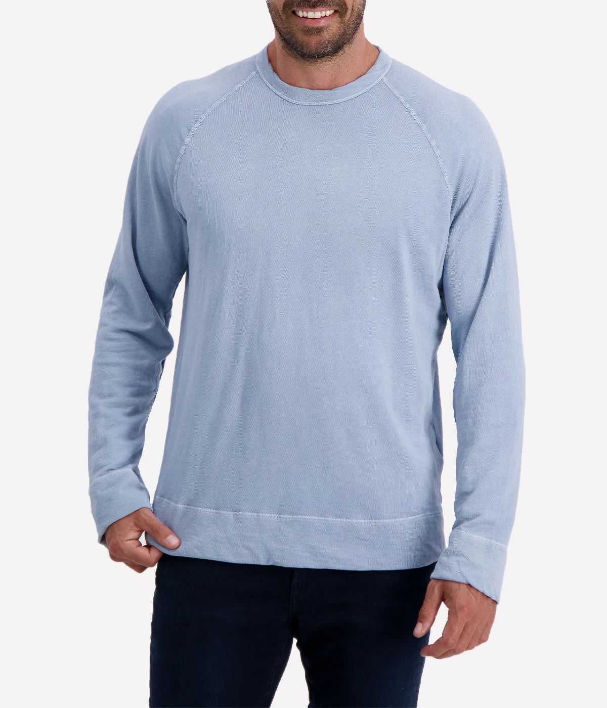 James Perse Vintage French Terry Sweatshirt in light blue, highlighting soft cotton fabric, relaxed fit, raglan sleeves, and classic crew neckline.