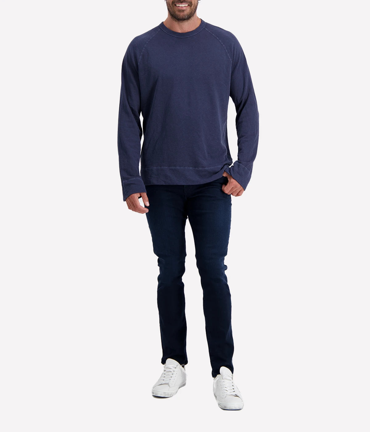 Close-up of James Perse Vintage French Terry Sweatshirt in navy blue, showing soft cotton texture, crew neckline, raglan sleeves, and relaxed fit.