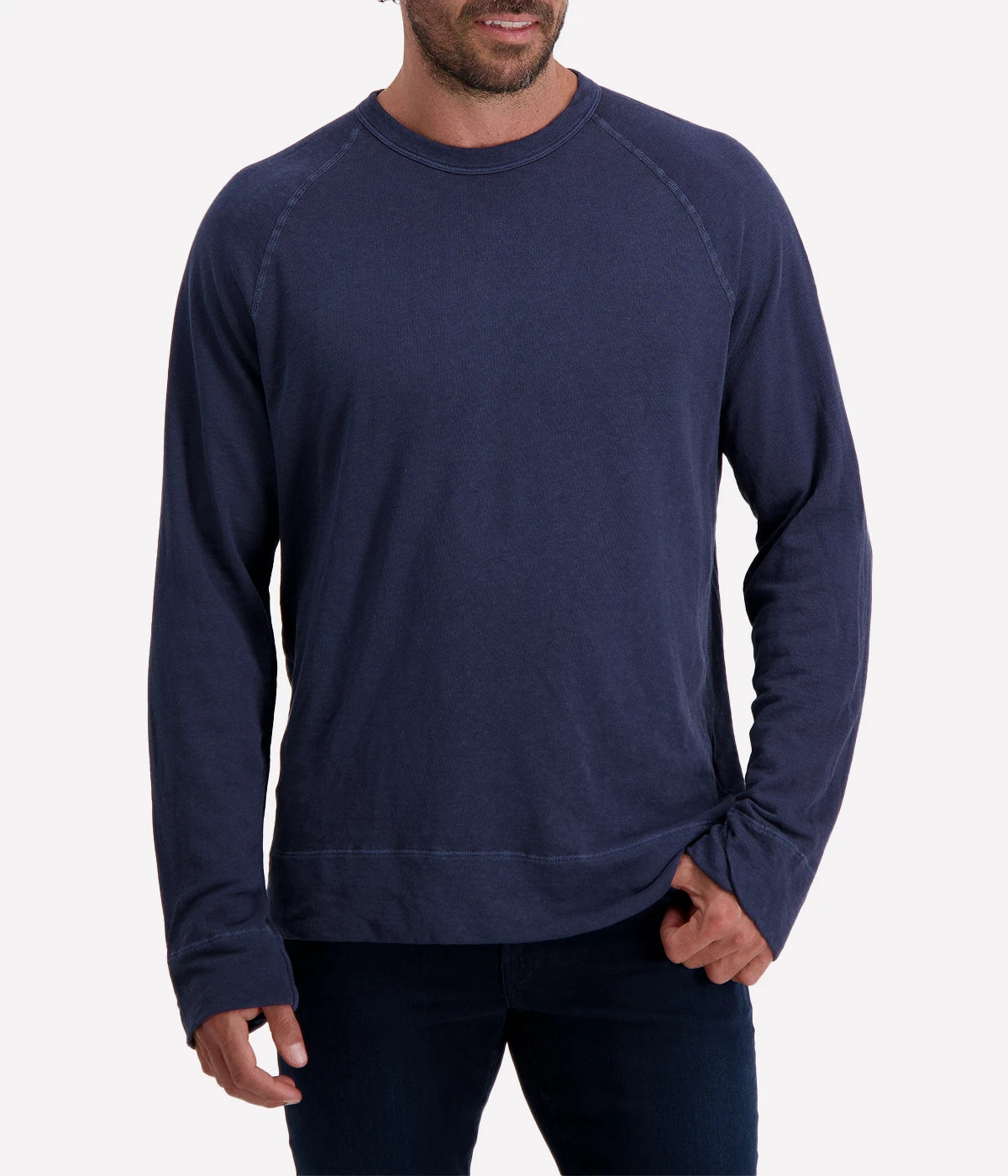 Close-up of James Perse Vintage French Terry Sweatshirt in navy blue, showing soft cotton texture, crew neckline, raglan sleeves, and relaxed fit.