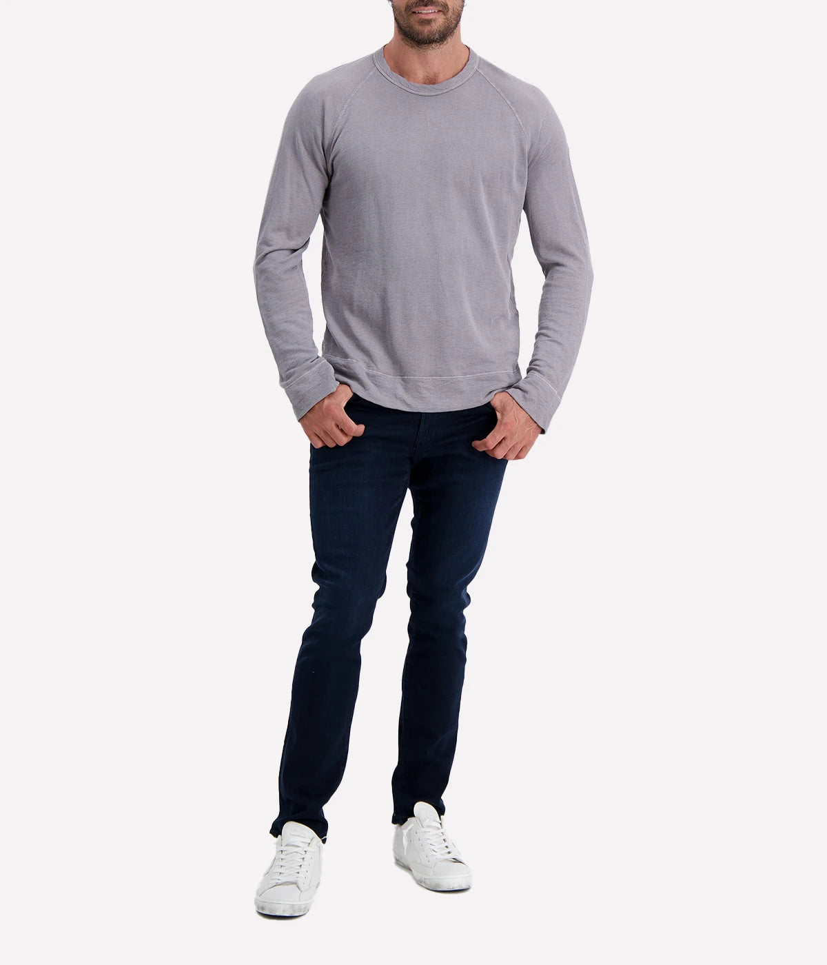 James Perse Vintage French Terry Sweatshirt in silver grey, showcasing soft cotton texture, crew neck, and relaxed fit with raglan sleeves.