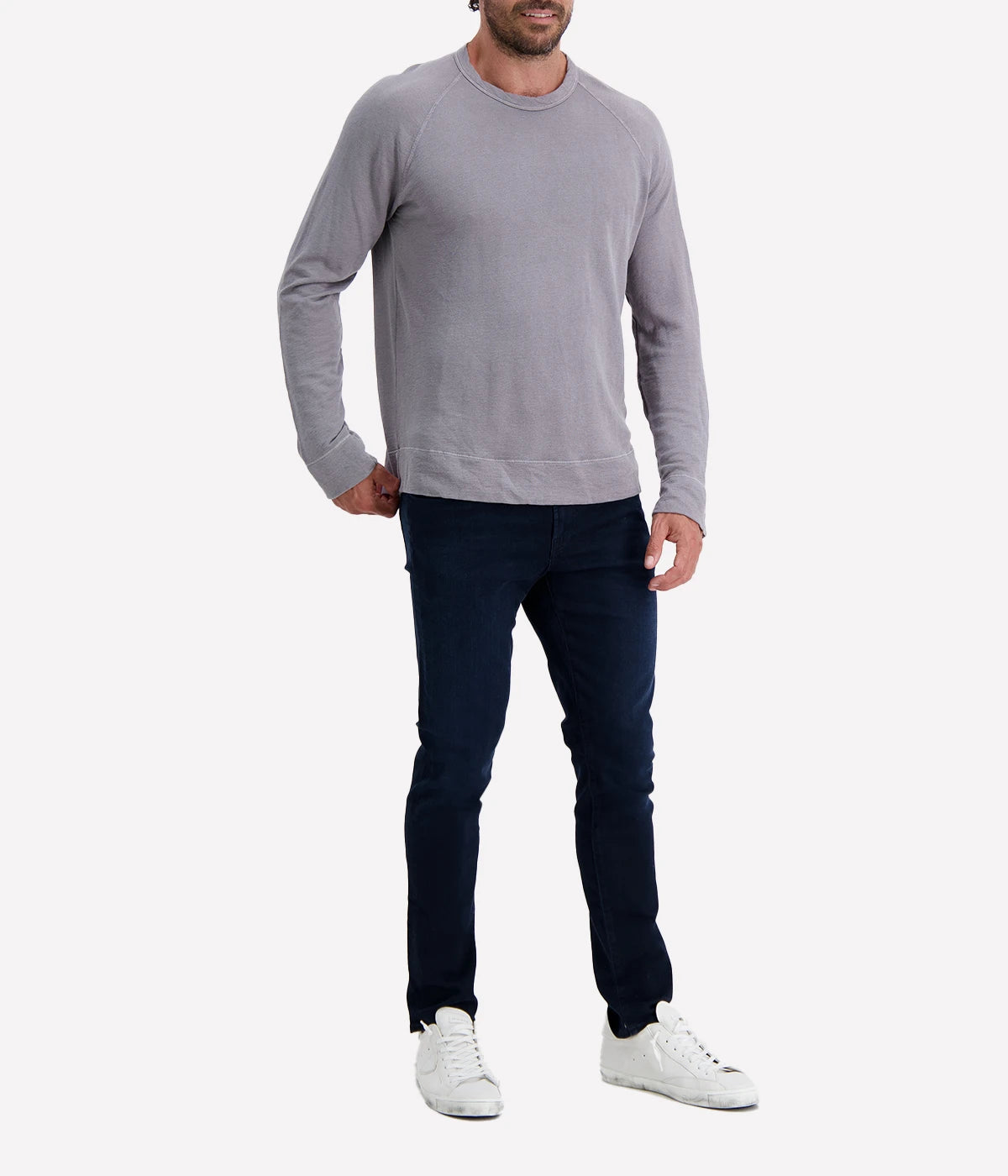 James Perse Vintage French Terry Sweatshirt in silver grey, showcasing soft cotton texture, crew neck, and relaxed fit with raglan sleeves.