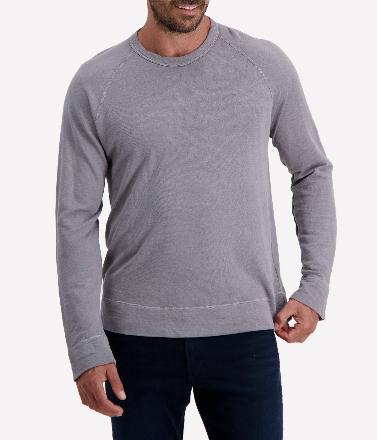 James Perse Vintage French Terry Sweatshirt in silver grey, showcasing soft cotton texture, crew neck, and relaxed fit with raglan sleeves.