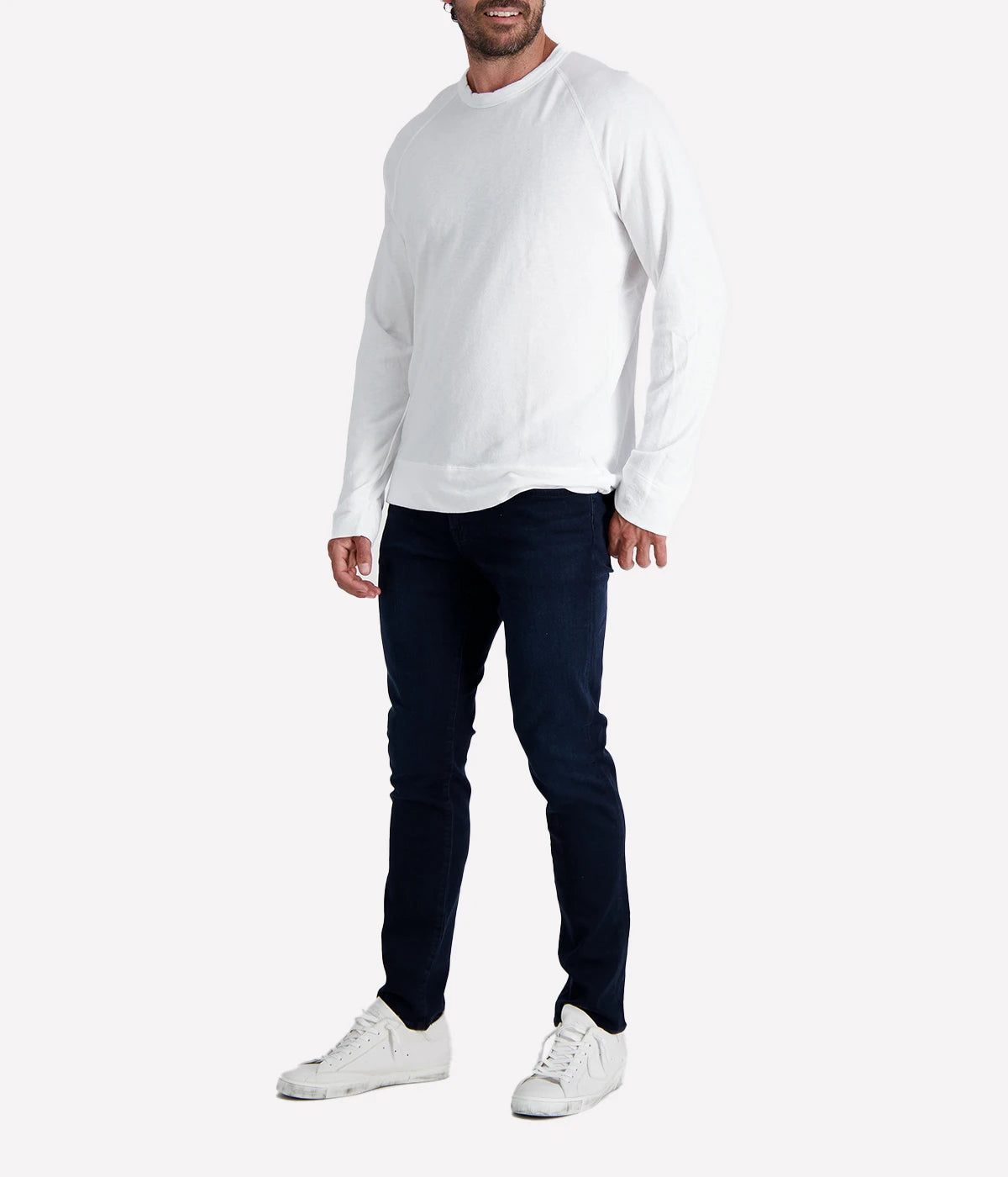 James Perse Vintage French Terry Sweatshirt in crisp white, featuring a relaxed fit, raglan sleeves, and soft cotton texture.