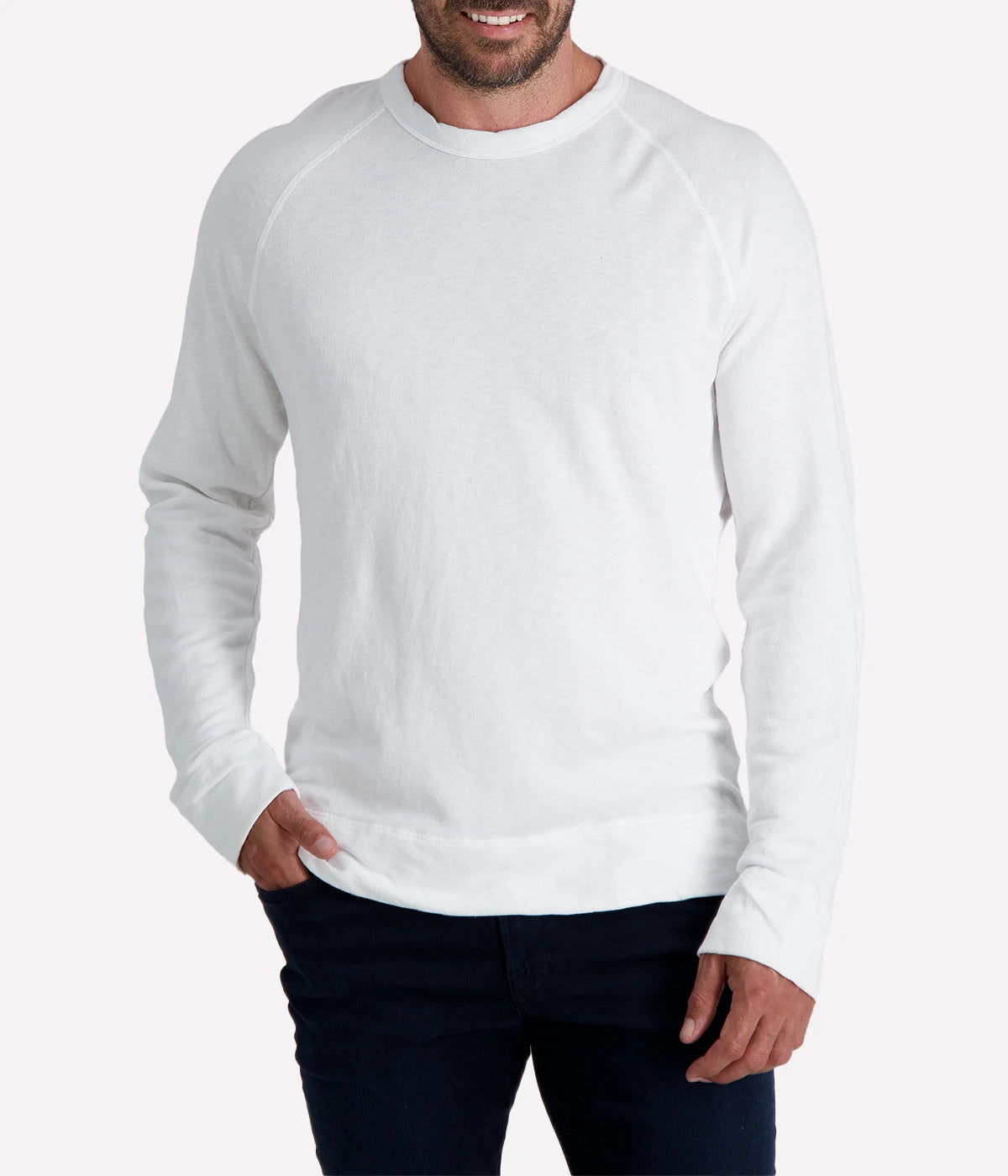 James Perse Vintage French Terry Sweatshirt in crisp white, featuring a relaxed fit, raglan sleeves, and soft cotton texture.