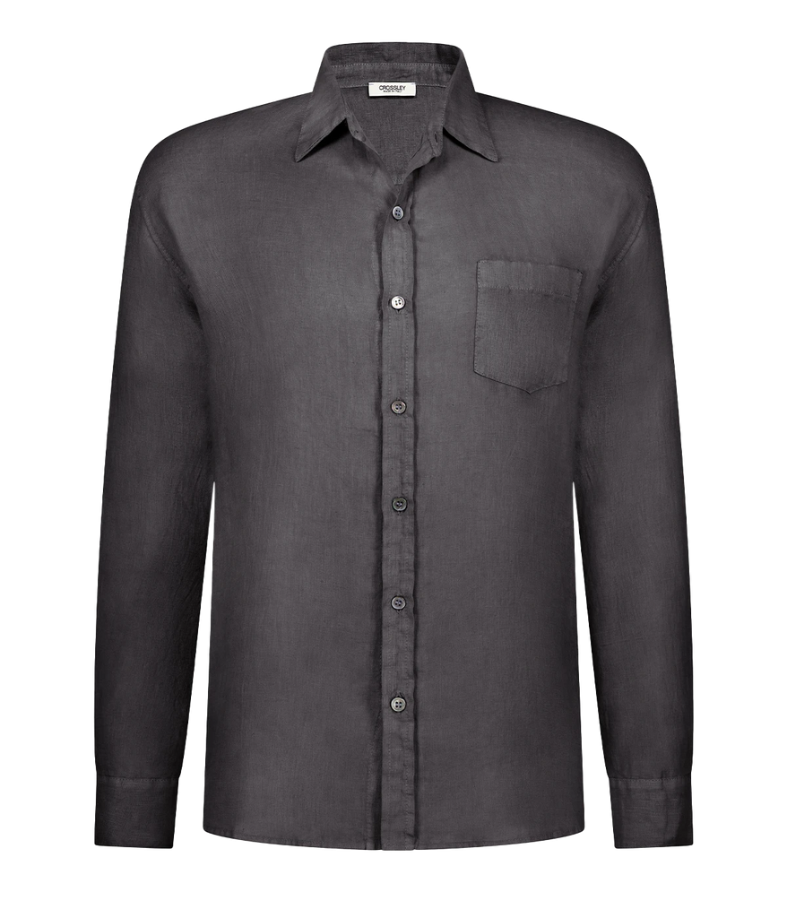 A summer staple long sleeve 100% linen shirt in a washed black, button up & collar detailing featuring a front pocket. Made in Italy, 100% linen, throw on and go. 