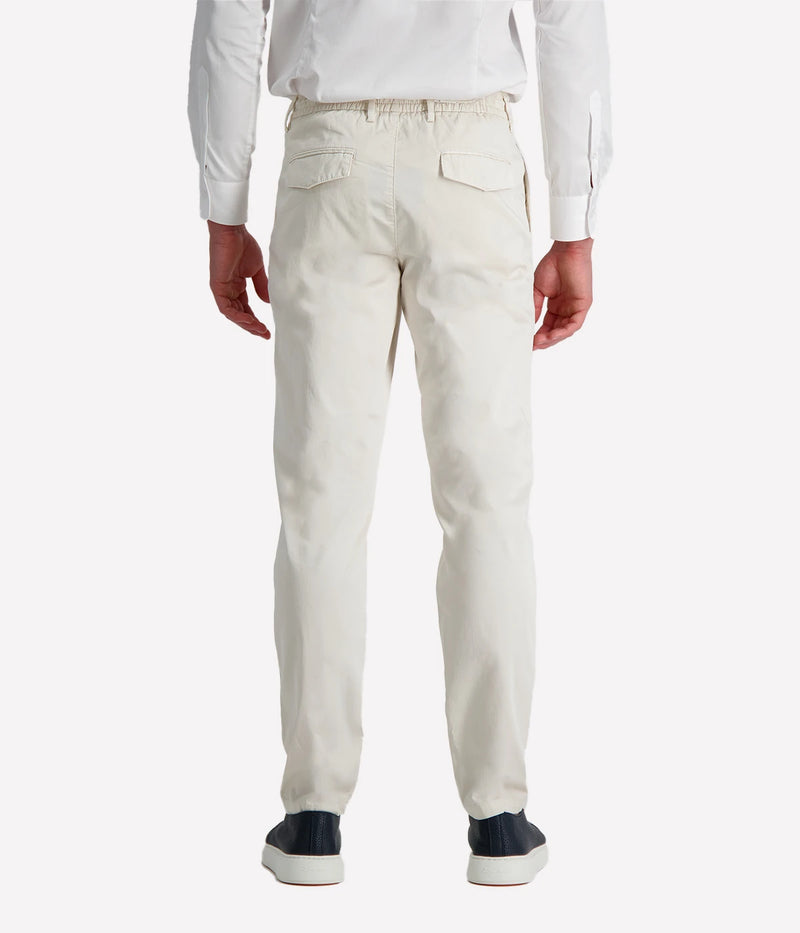Eleventy tailored drawstring pants in sand jersey-effect cotton with subtle seam fading and sartorial detailing, made in Italy.