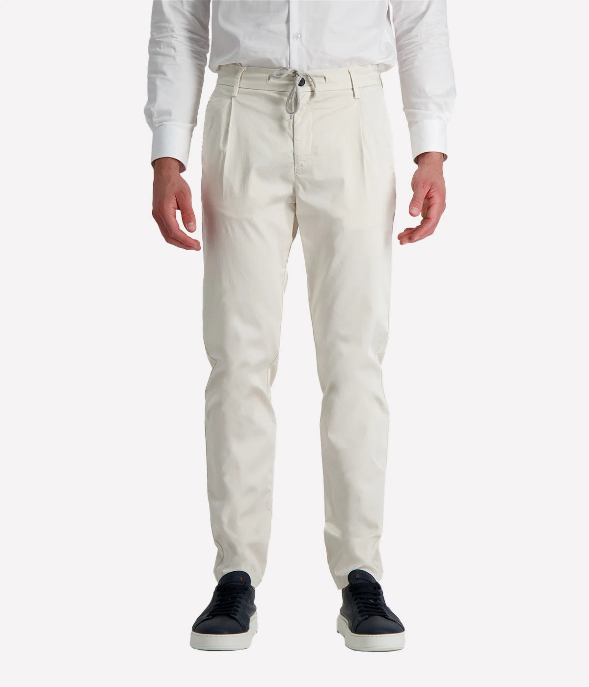 Eleventy tailored drawstring pants in sand jersey-effect cotton with subtle seam fading and sartorial detailing, made in Italy.
