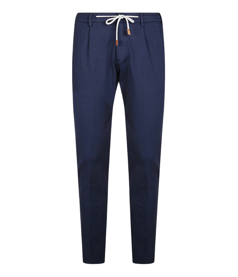 Eleventy tailored drawstring pants in navy jersey-effect cotton with subtle seam fading and sartorial detailing, made in Italy.