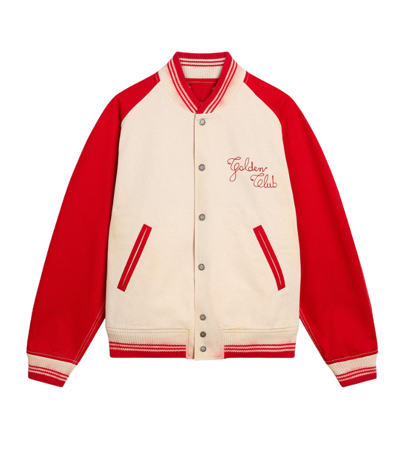 Golden Goose bomber jacket in worn white and red cotton with ‘Golden Club’ chest embroidery, faded striped ribbed trims, and double star on the back.