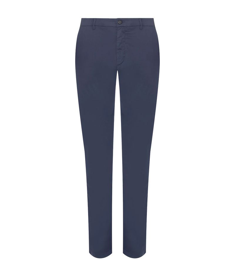 Eleventy men's dark blue straight-leg trousers in stretch cotton poplin with side and back welt pockets.