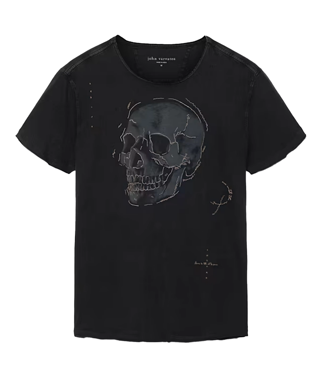 Front product view of John Varvatos Skull Embroidery Raw Edge Tee in Black