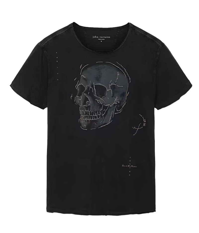 Front product view of John Varvatos Skull Embroidery Raw Edge Tee in Black