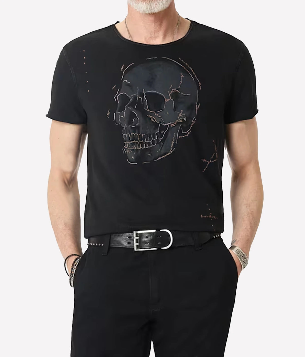 Man wearing John Varvatos Skull Embroidery Raw Edge Tee in Black, front view