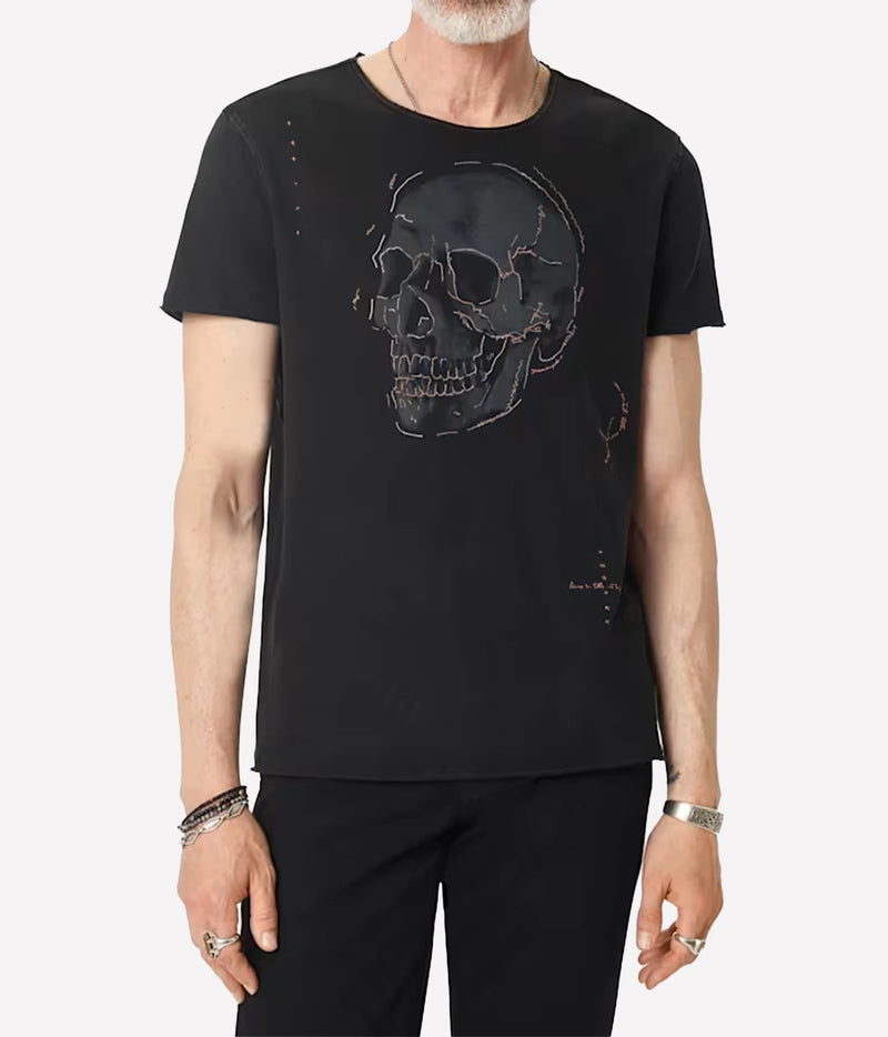 Man wearing John Varvatos Skull Embroidery Raw Edge Tee in Black with black trousers, front view, alternate pose