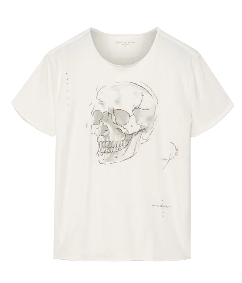Front product view of John Varvatos Skull Embroidery Raw Edge Tee in Salt