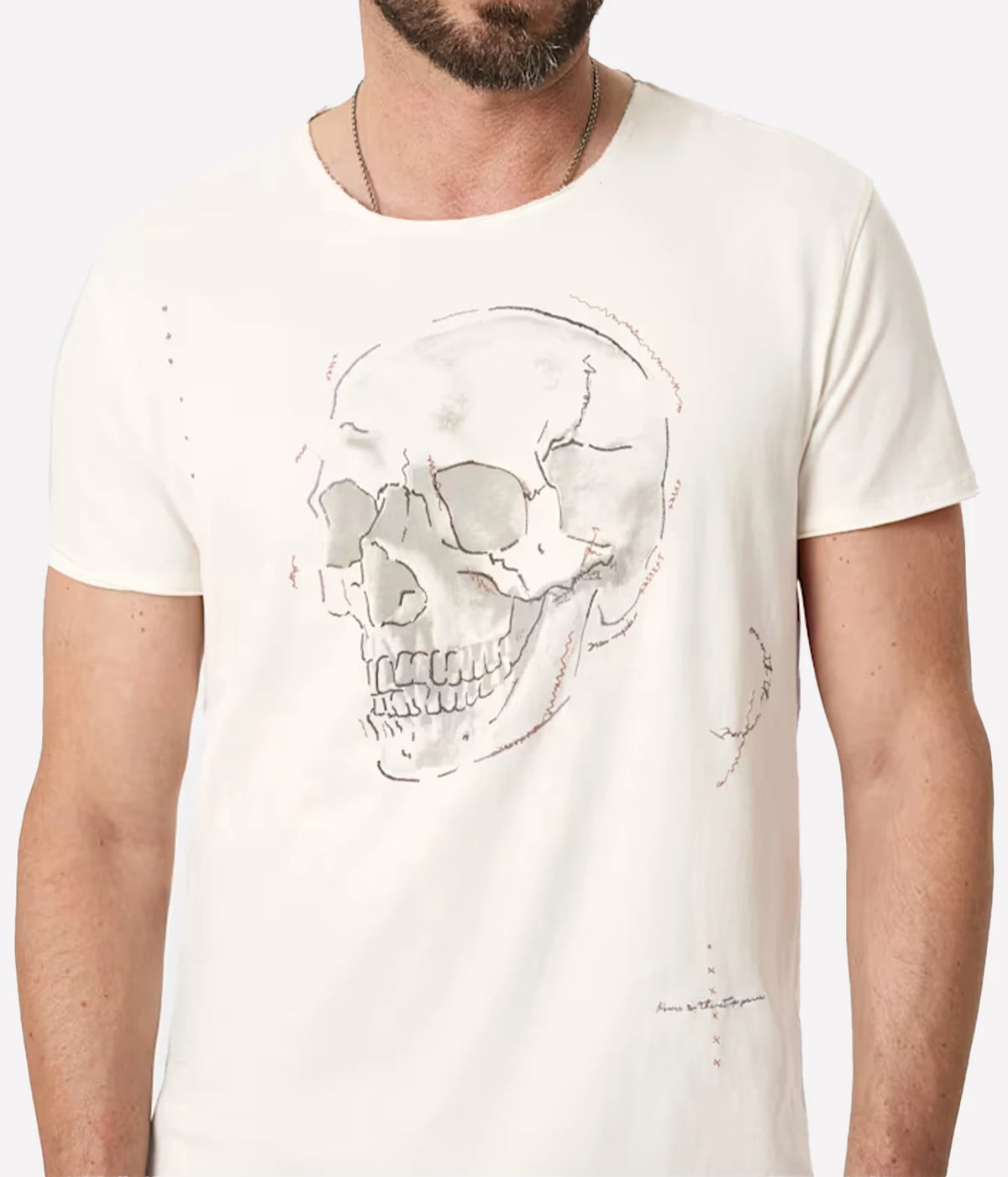 Close-up of John Varvatos Skull Embroidery Raw Edge Tee in Salt on model showing the screen-printed skull and embroidery