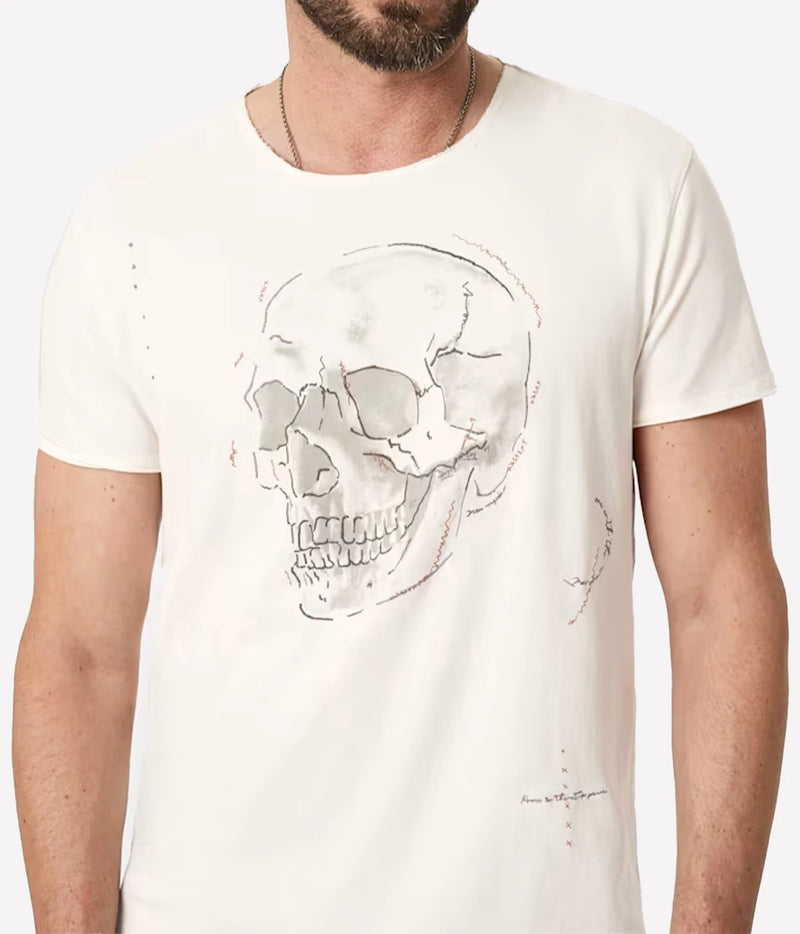Close-up of John Varvatos Skull Embroidery Raw Edge Tee in Salt on model showing the screen-printed skull and embroidery