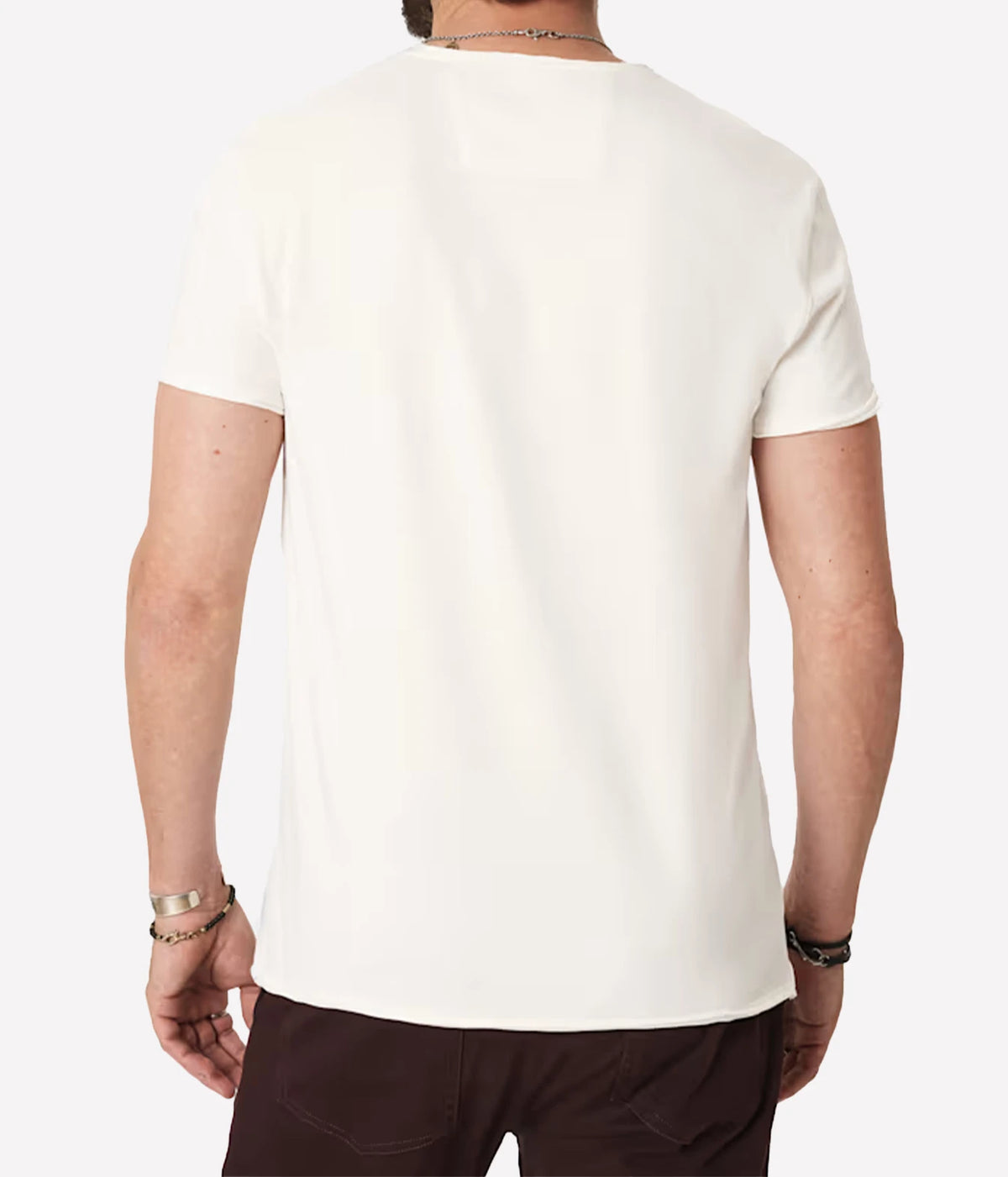 Man wearing John Varvatos Skull Embroidery Raw Edge Tee in Salt, back view