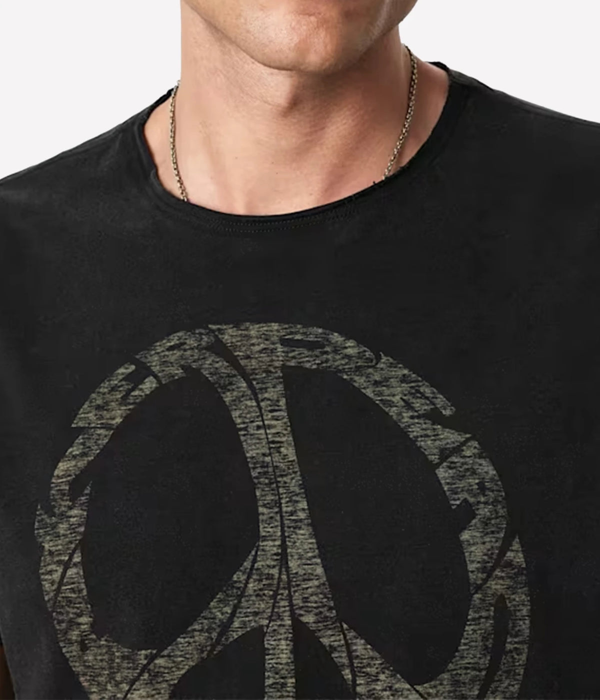 Close-up of John Varvatos Peace Maker Raw Edge Tee in Black on model showing the peace sign graphic