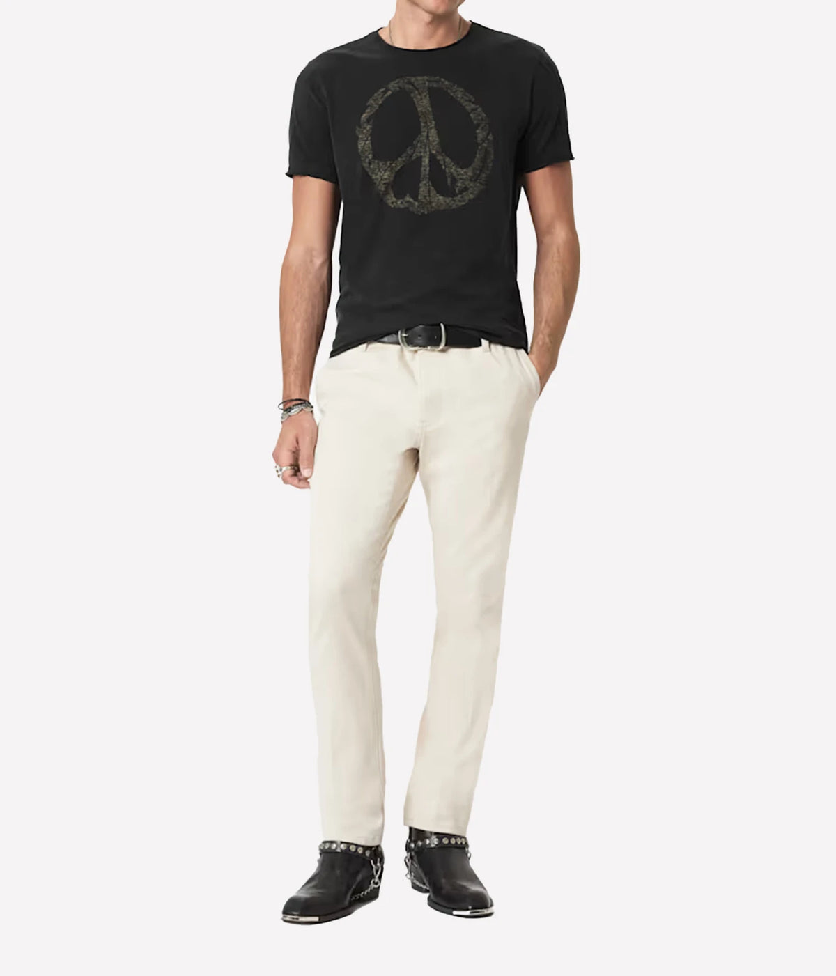 Man wearing John Varvatos Peace Maker Raw Edge Tee in Black with off-white trousers, full-length front view