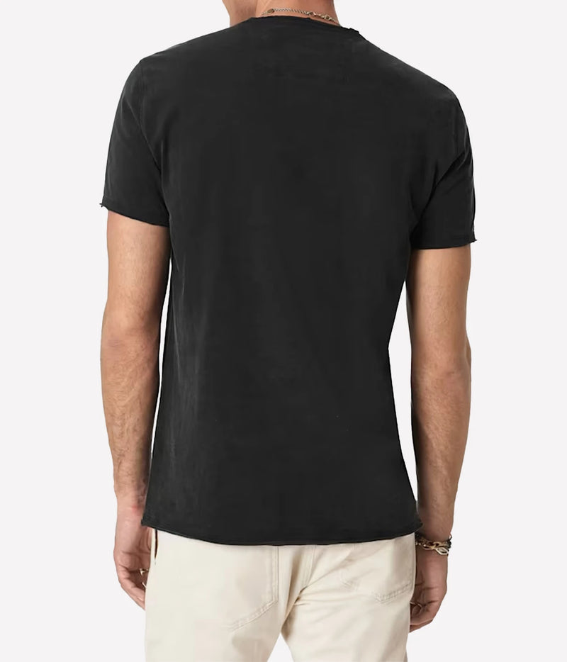 Man wearing John Varvatos Peace Maker Raw Edge Tee in Black, back view