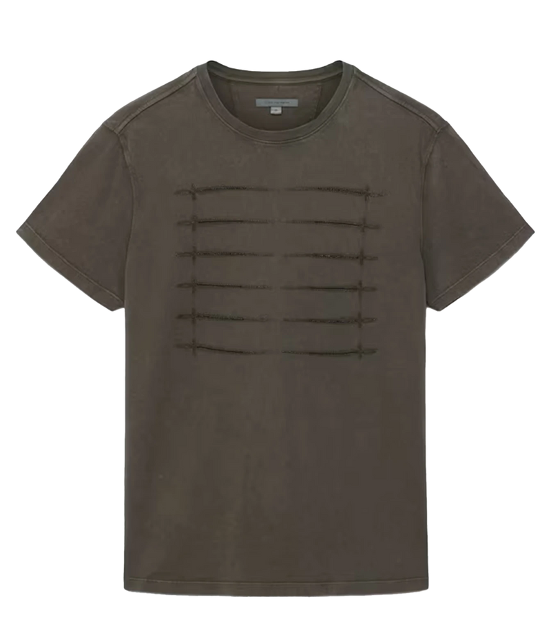 Front product view of John Varvatos Sword Piping Embroidered Tee in Teakwood