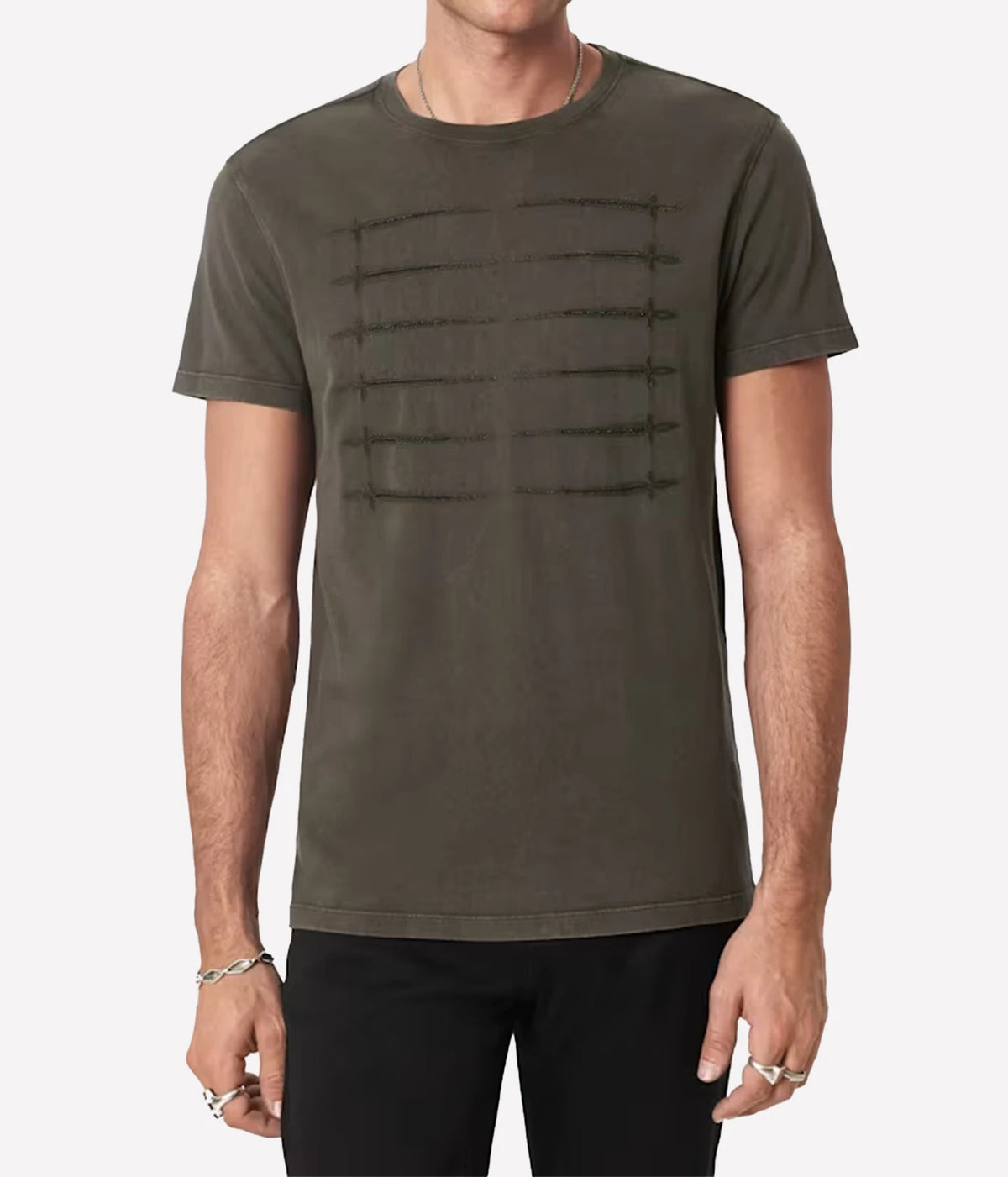 Man wearing John Varvatos Sword Piping Embroidered Tee in Teakwood with black trousers, front view