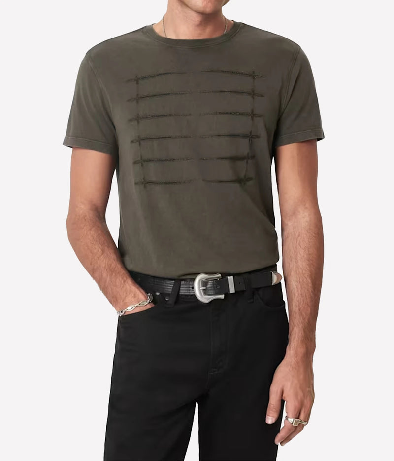 Man wearing John Varvatos Sword Piping Embroidered Tee in Teakwood with black trousers and a black belt, front view