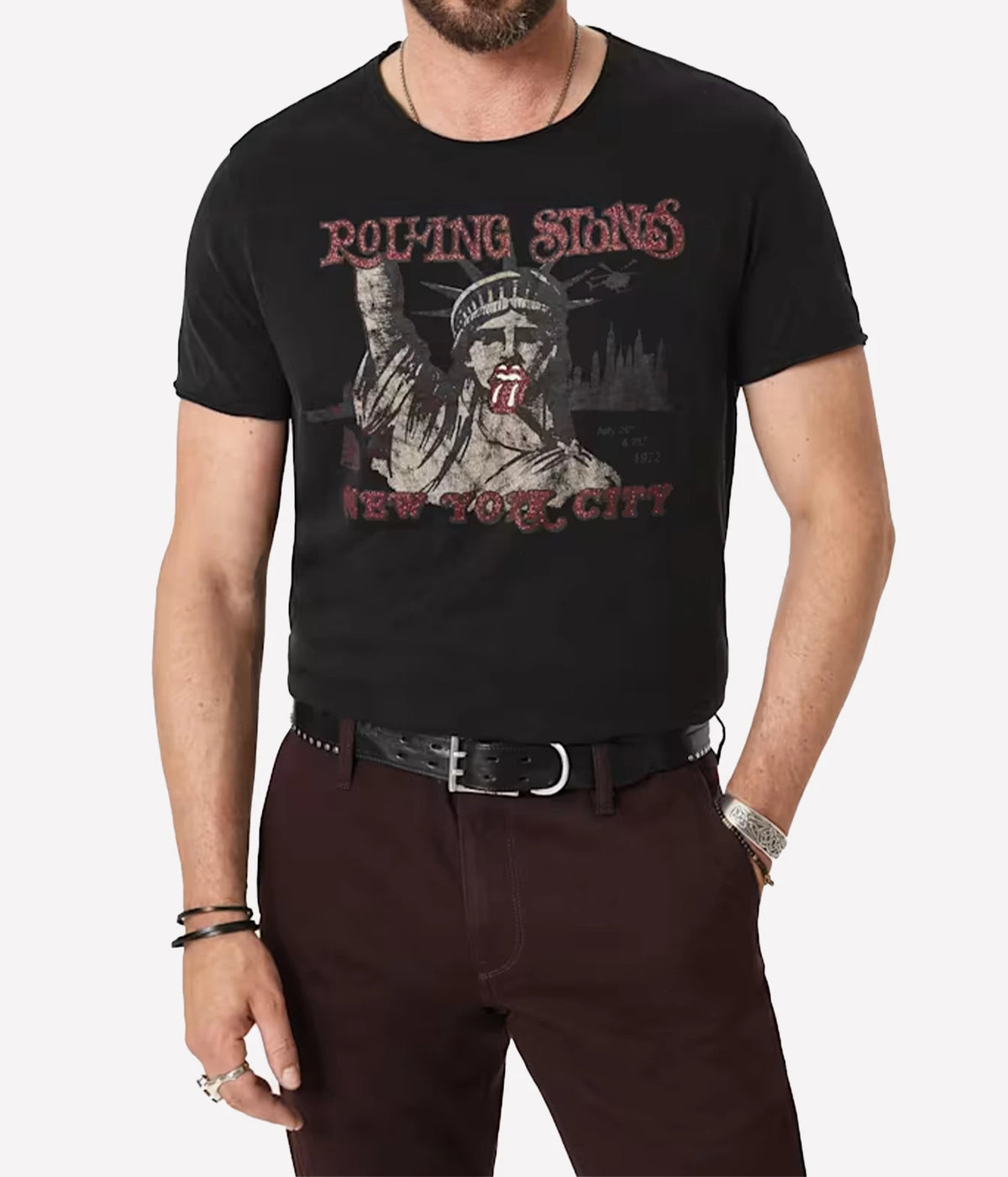 Man wearing John Varvatos The Rolling Stones NYC Raw Edge Tee in Black with burgundy trousers, front view