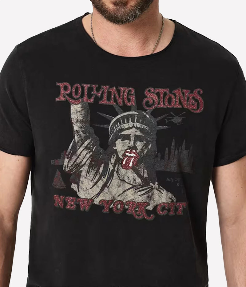 Close-up of John Varvatos The Rolling Stones NYC Raw Edge Tee in Black on model showing the tongue logo and Statue of Liberty graphic