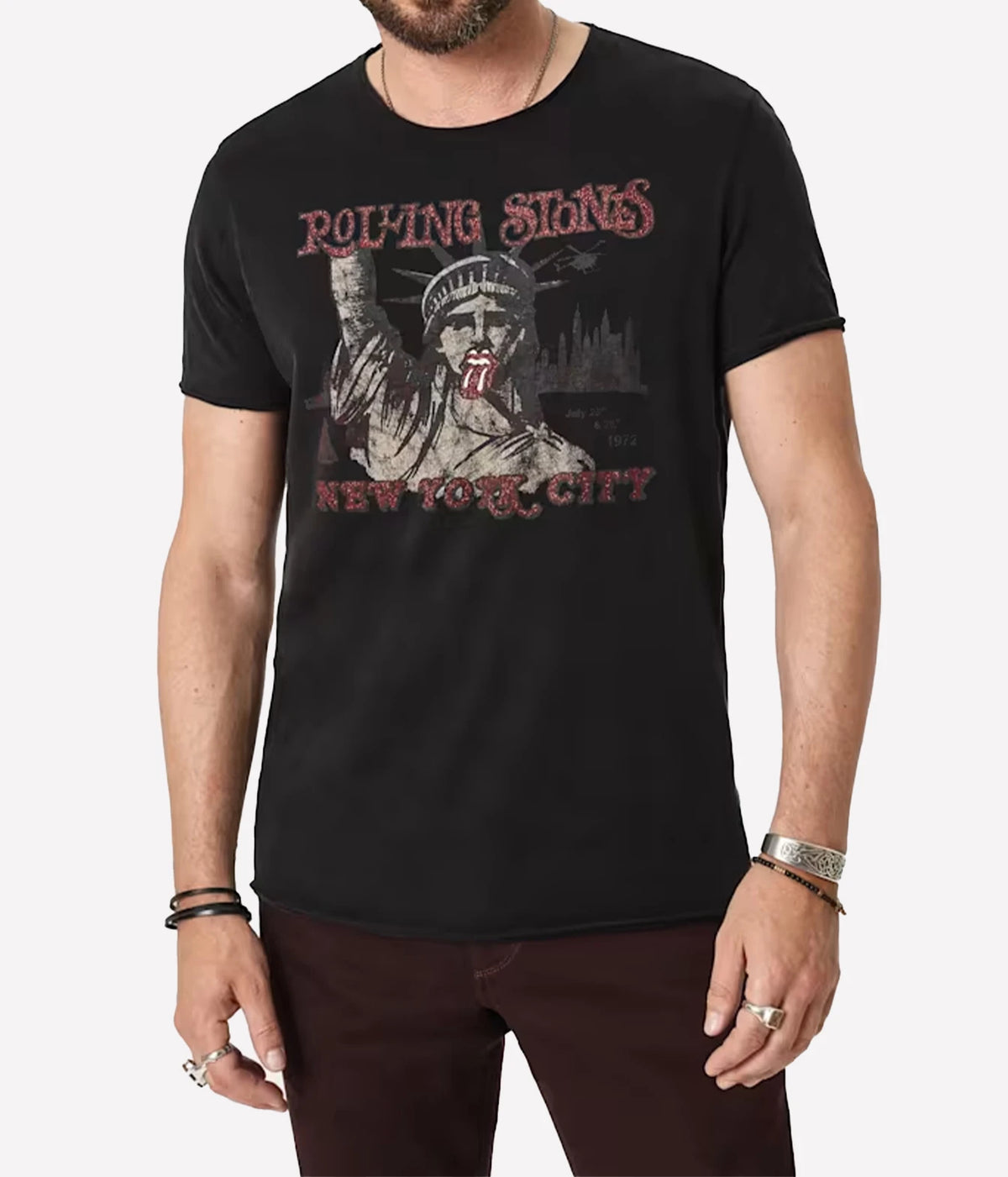 Man wearing John Varvatos The Rolling Stones NYC Raw Edge Tee in Black with burgundy trousers, front view, alternate pose