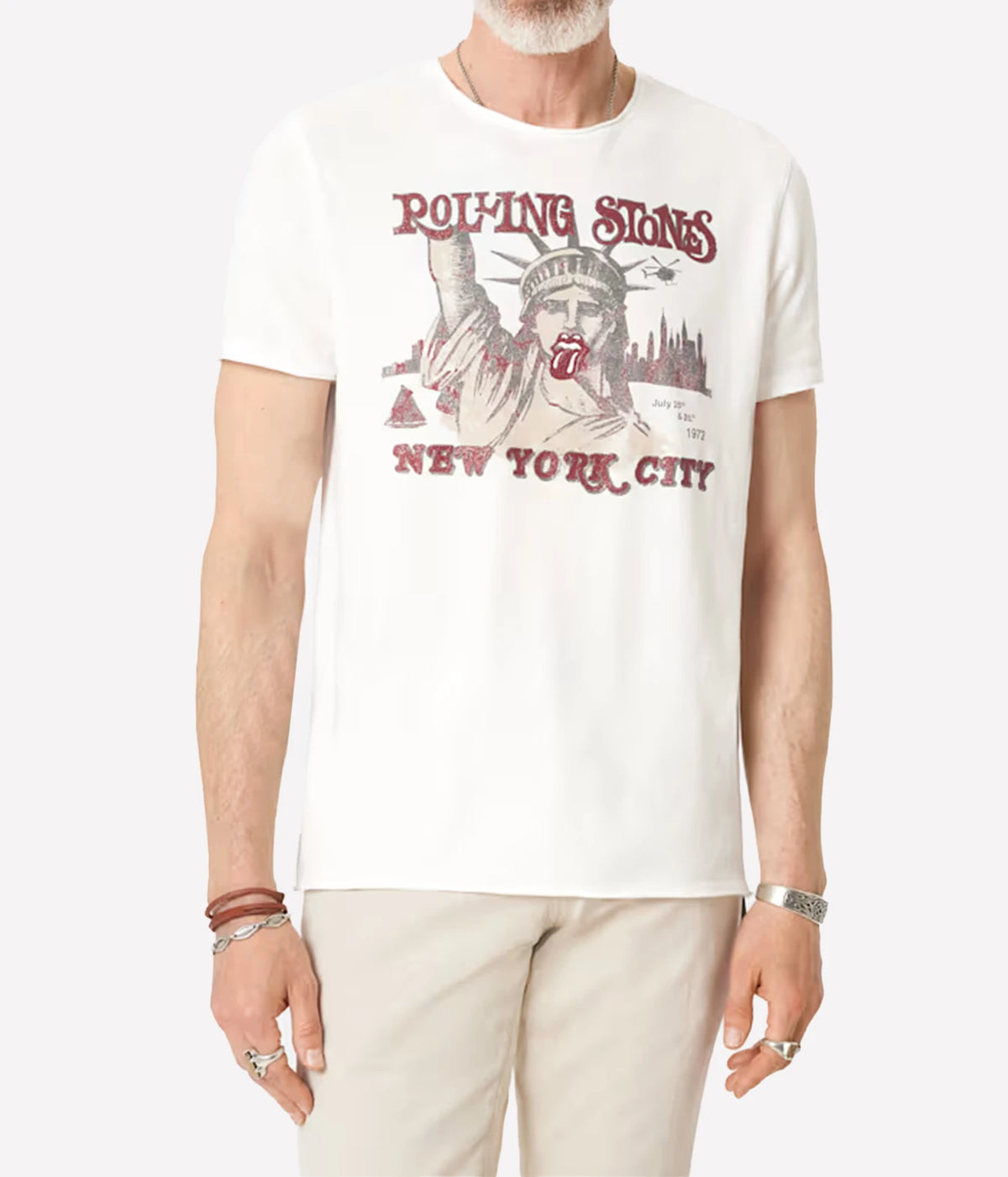 Man wearing John Varvatos The Rolling Stones NYC Raw Edge Tee in Salt with stone trousers, front view