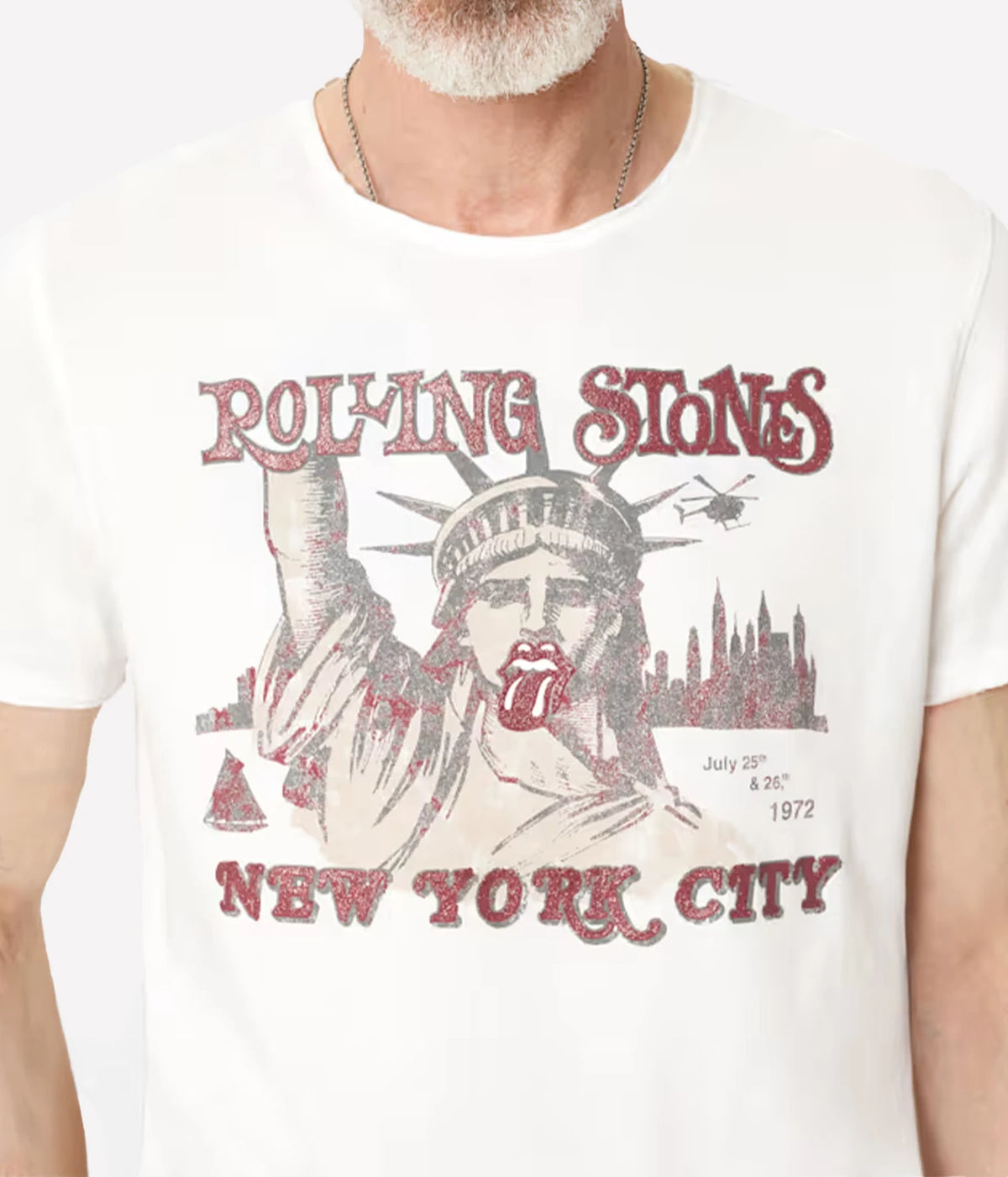 Close-up of John Varvatos The Rolling Stones NYC Raw Edge Tee in Salt on model showing the tongue logo and Statue of Liberty graphic