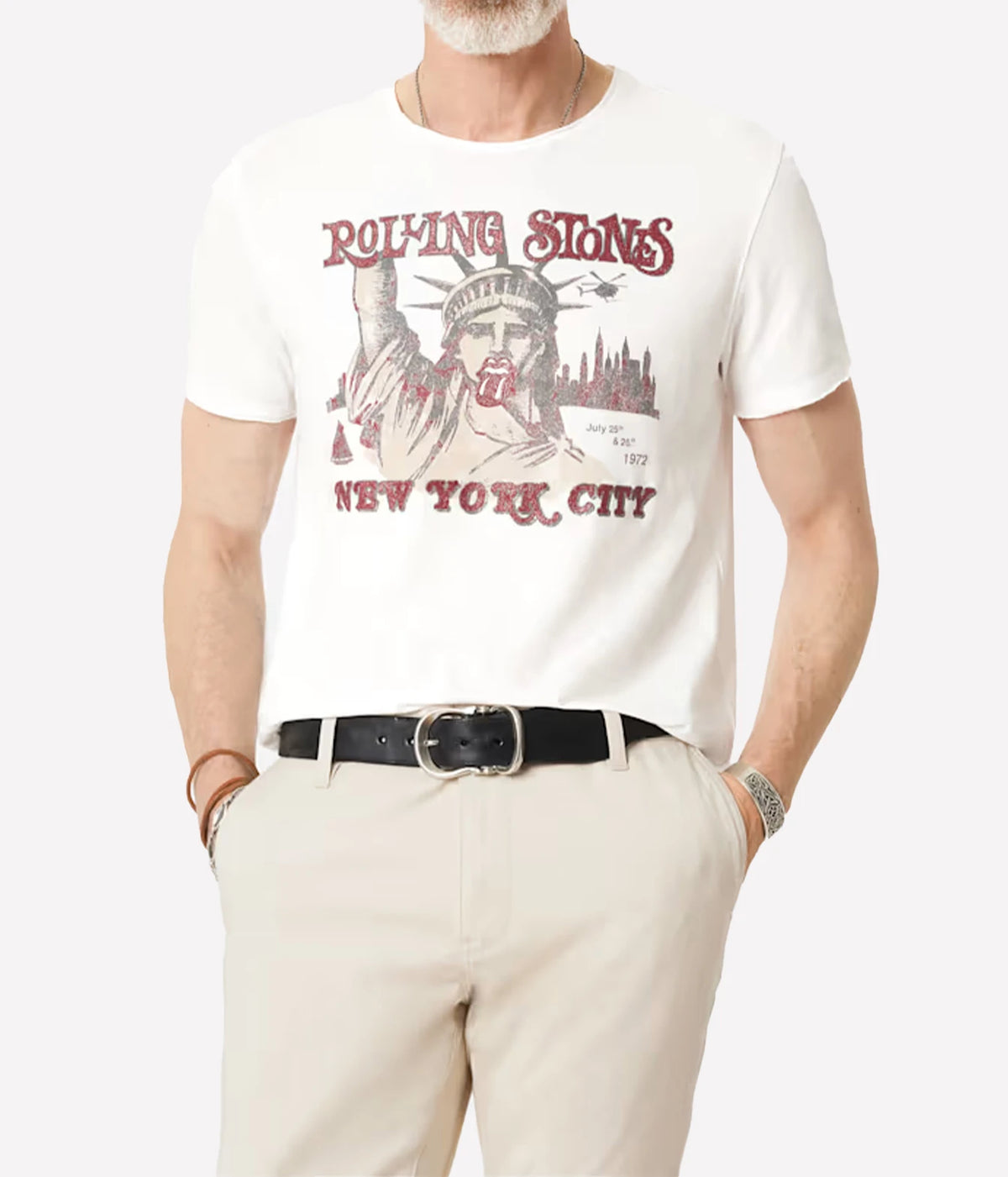 Man wearing John Varvatos The Rolling Stones NYC Raw Edge Tee in Salt with stone trousers and a black belt, front view