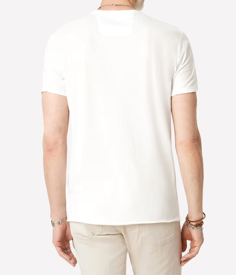 Man wearing John Varvatos The Rolling Stones NYC Raw Edge Tee in Salt, back view