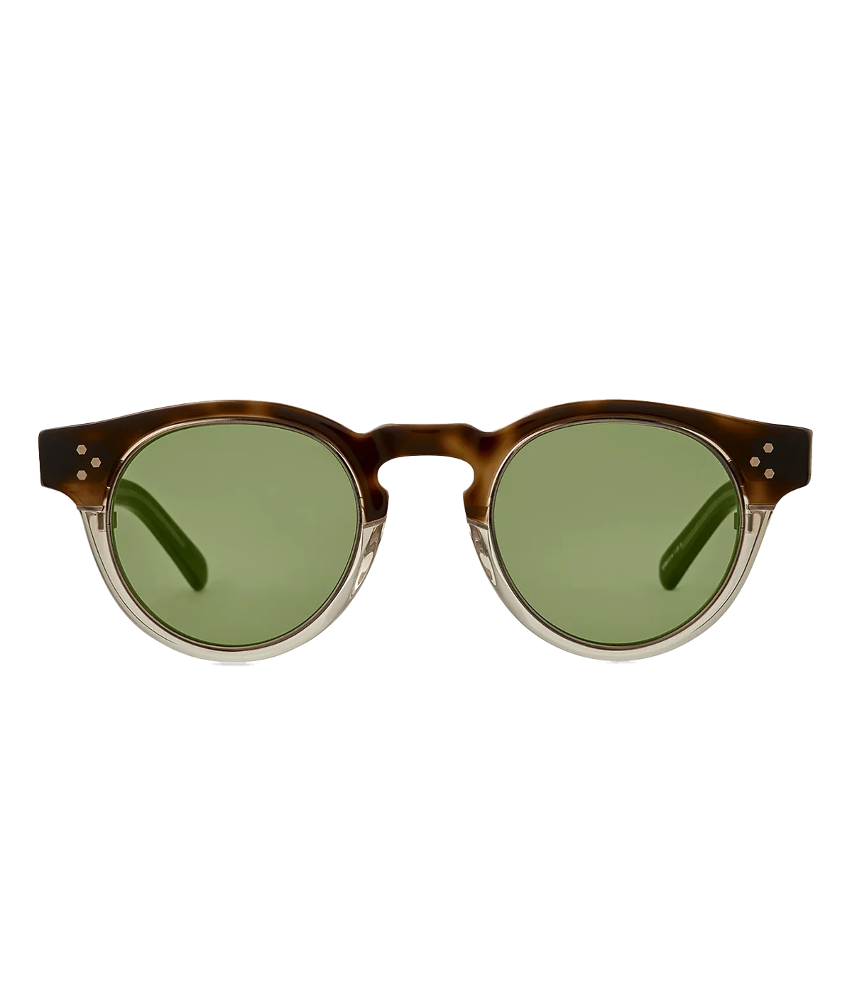 two tone brown and clear sunglasses by Mr Leight, with green lenses. Handcrafted in Japan.