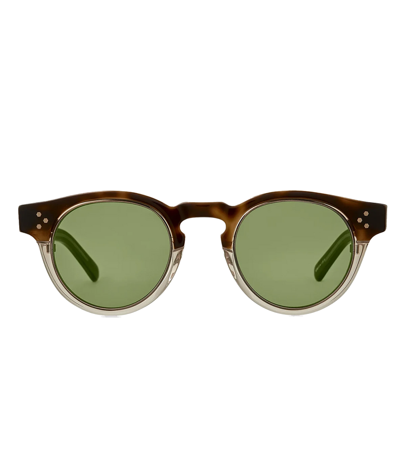 two tone brown and clear sunglasses by Mr Leight, with green lenses. Handcrafted in Japan.