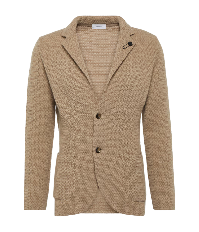 Taupe cashmere jacket with patch pockets and a buttoned front, offering a refined yet relaxed look.