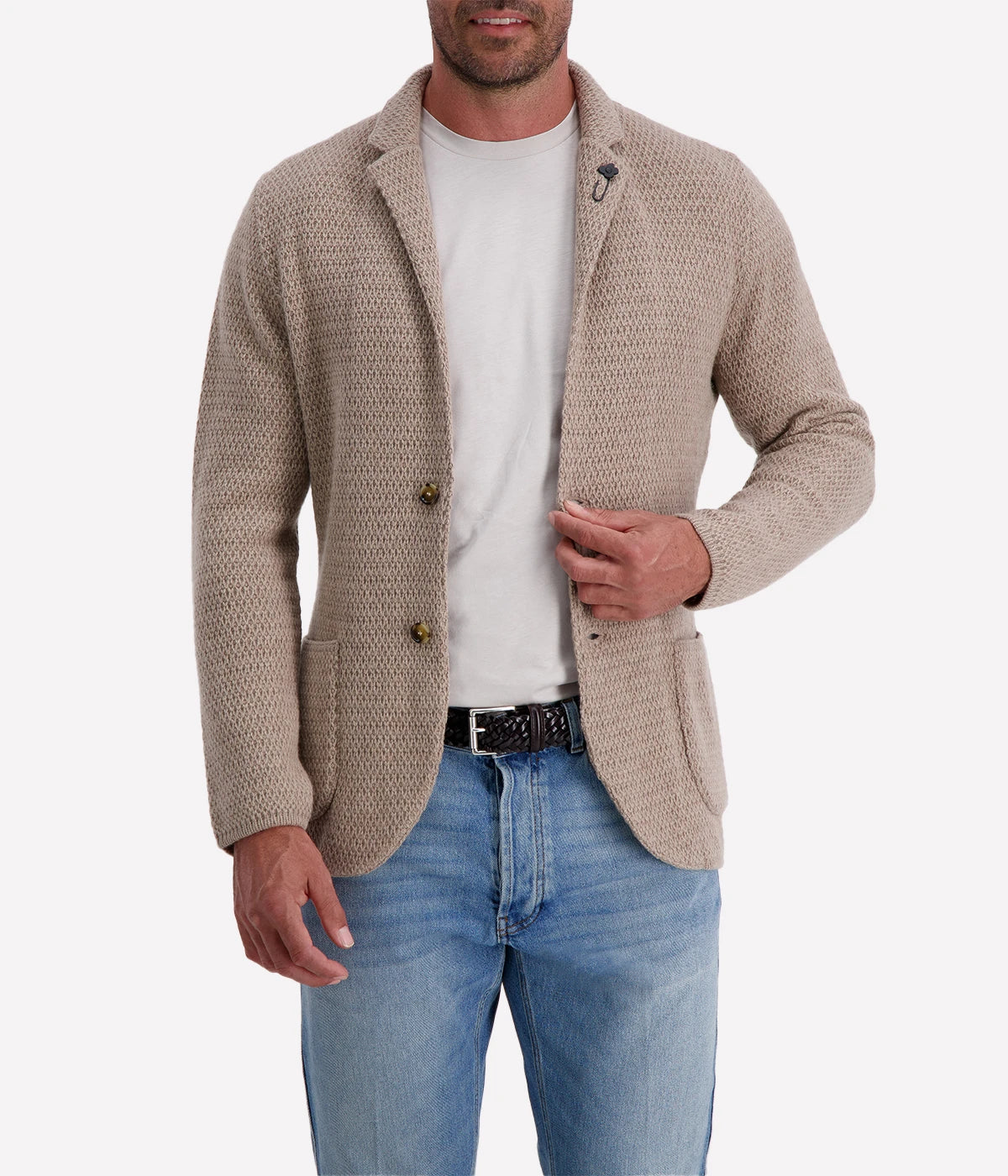 Taupe cashmere jacket with patch pockets and a buttoned front, offering a refined yet relaxed look.