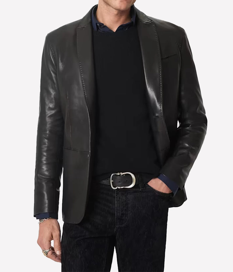 Man wearing John Varvatos Arundel Jacket in Black with a black top and black trousers, front view