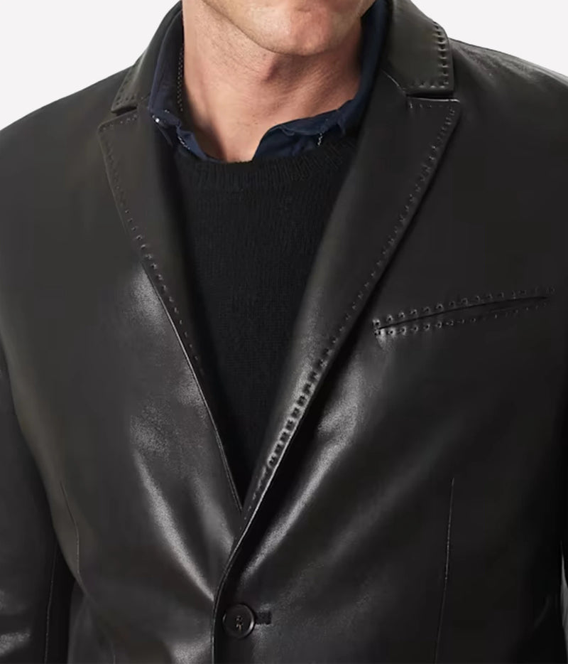 Close-up of John Varvatos Arundel Jacket in Black on model showing the peak lapels and button front