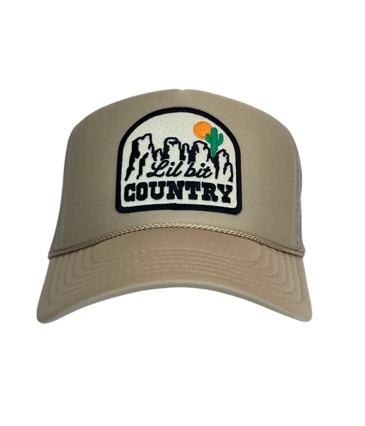Port Sandz ‘Lil’ Bit Country’ high-profile trucker cap with foam front, mesh back, snapback closure, fully embroidered patch, playful western and country-inspired style