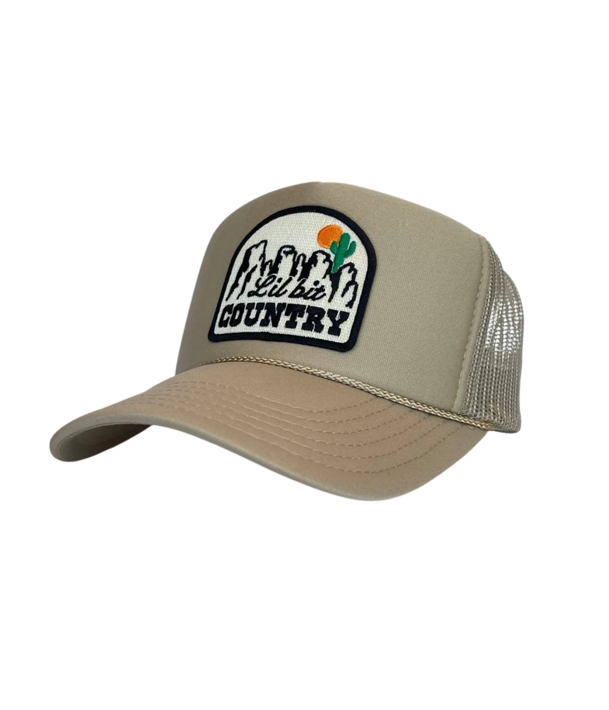 Port Sandz ‘Lil’ Bit Country’ high-profile trucker cap with foam front, mesh back, snapback closure, fully embroidered patch, playful western and country-inspired style