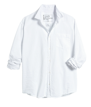 Frank + Eileen Luke Woven Button-Up in white colour denim, featuring a classic button-up design, lightweight breathable cotton fabric, and a versatile fit for both casual and smart looks.
