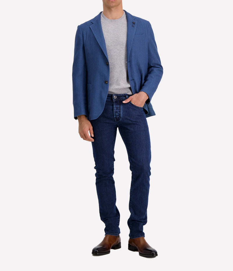 Lardini Knitted Blazer in a linen and silk blend, featuring a deconstructed silhouette with notched lapels and patch pockets, showcasing Italian craftsmanship.