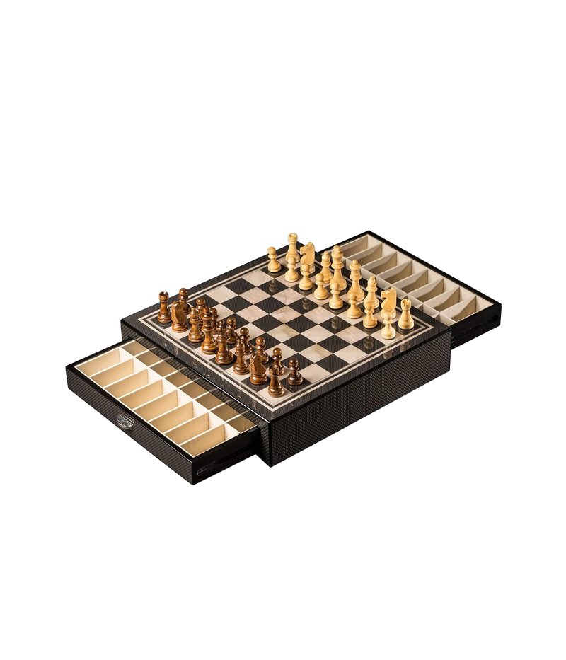 Large Chess Set in Carbon Fiber and Mother of Pearl